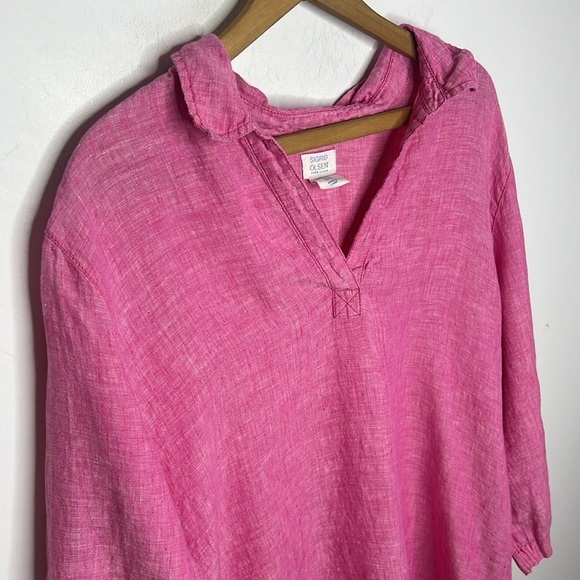 SIGRID OLSEN 100% Linen Pink Valentines Day Shell Button Popover V Neck Blouse - Picture 3 of 12